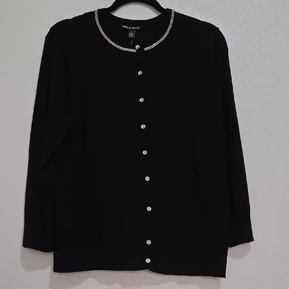 New Cable & Gauge Black Large Cardigan with Rhinestone Beaded Neckline